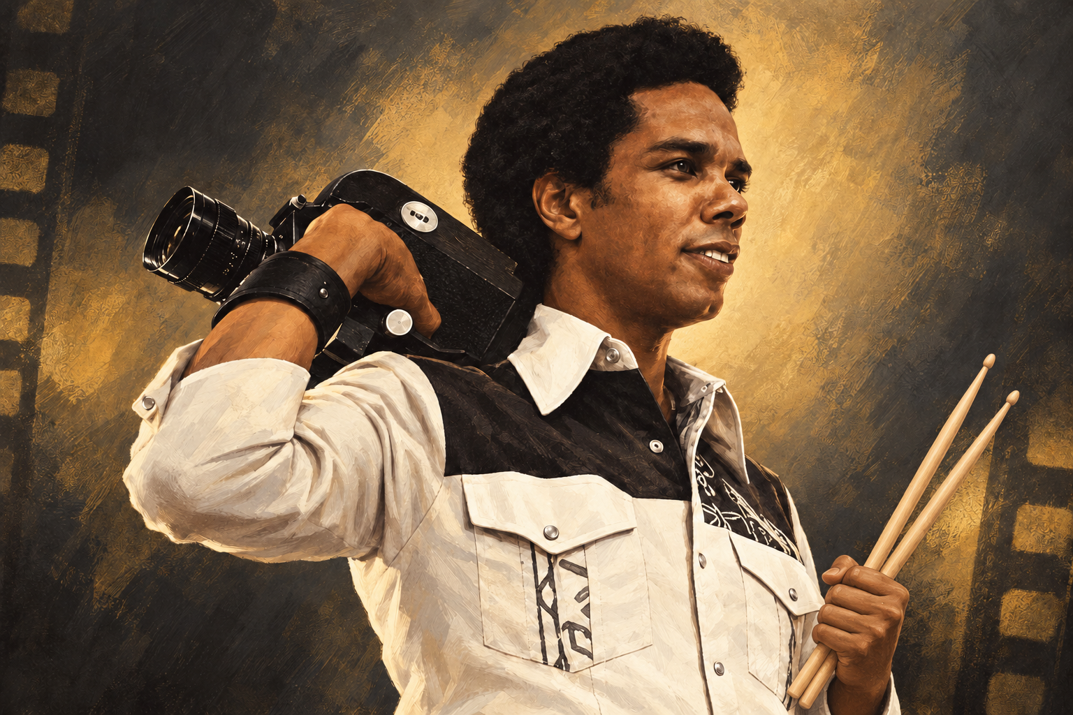 Illustration of Harold Brown holding a vintage movie camera and drumsticks.