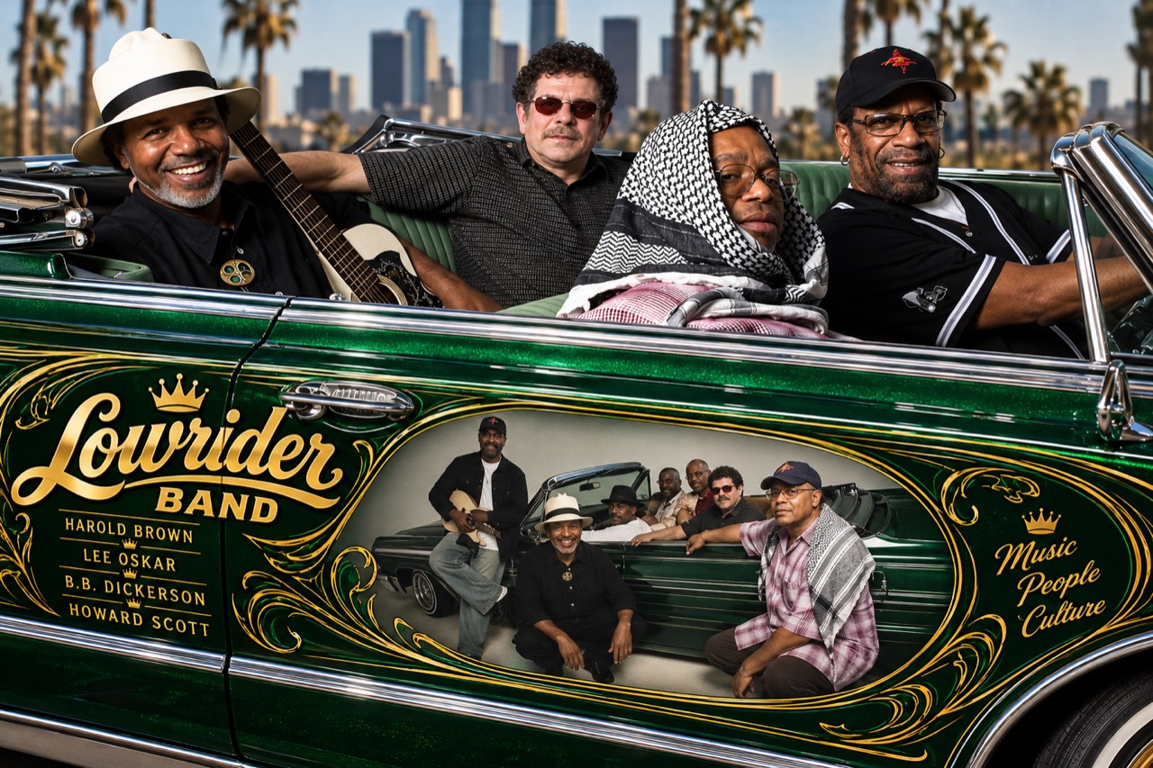 Lowrider Band promotional artwork featuring the musicians in a green convertible, with the band name and Music, People, Culture.