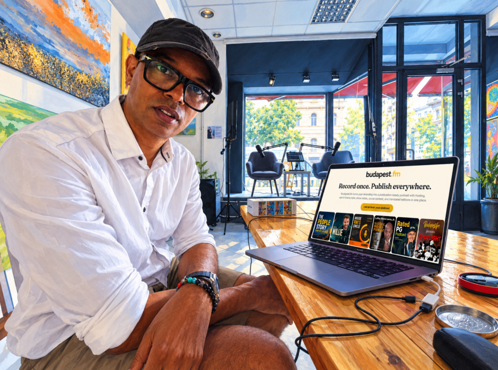 Illustration of Ray at a laptop showing Budapest.fm in a podcast studio.