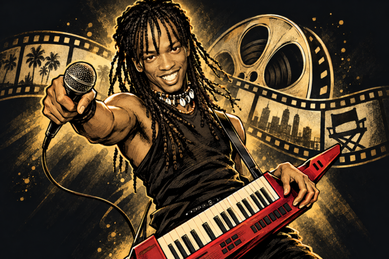 Caricature of Ray performing with a keytar and microphone.