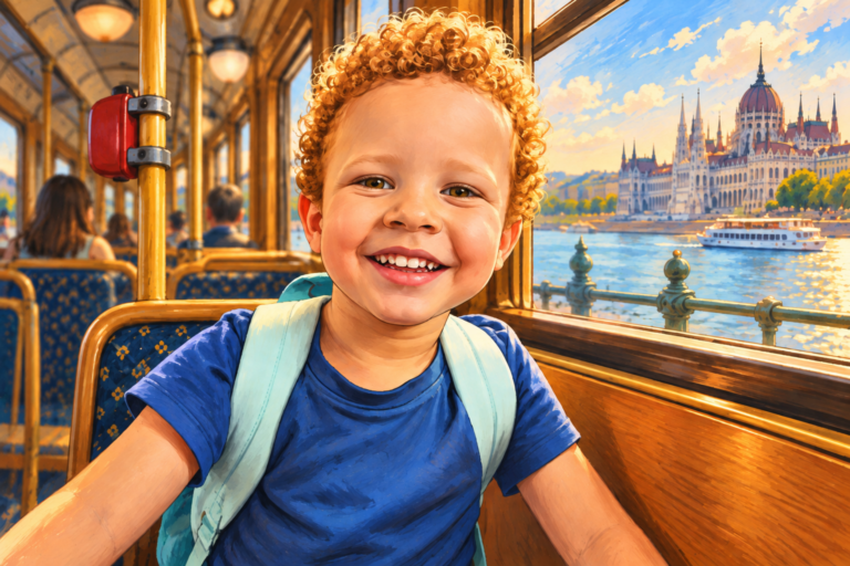 Illustration of Ray’s smiling son with hazel eyes in a Budapest tram, with Parliament across the Danube.
