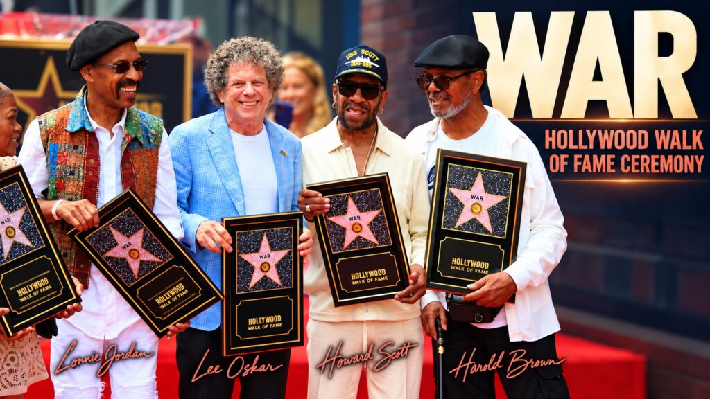 Edited WAR Hollywood Walk of Fame ceremony image with printed names for Lonnie Jordan, Lee Oskar, Howard Scott, and Harold Brown.